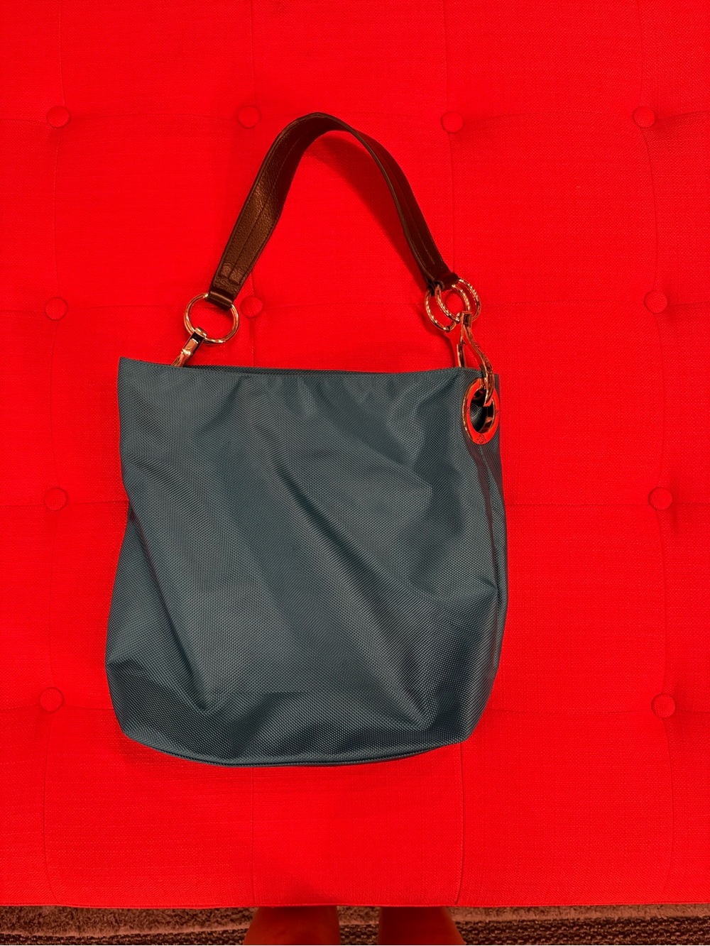 Blue Nylon Shoulder Tote Bag with Brown Handle